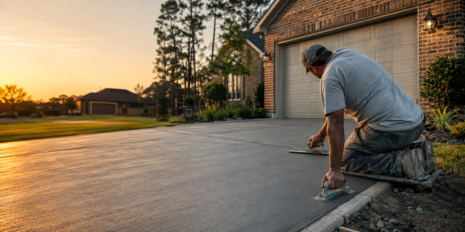 A crew member hand-finishing a freshly poured concrete driveway at golden hour in front of a brick Houston-area home